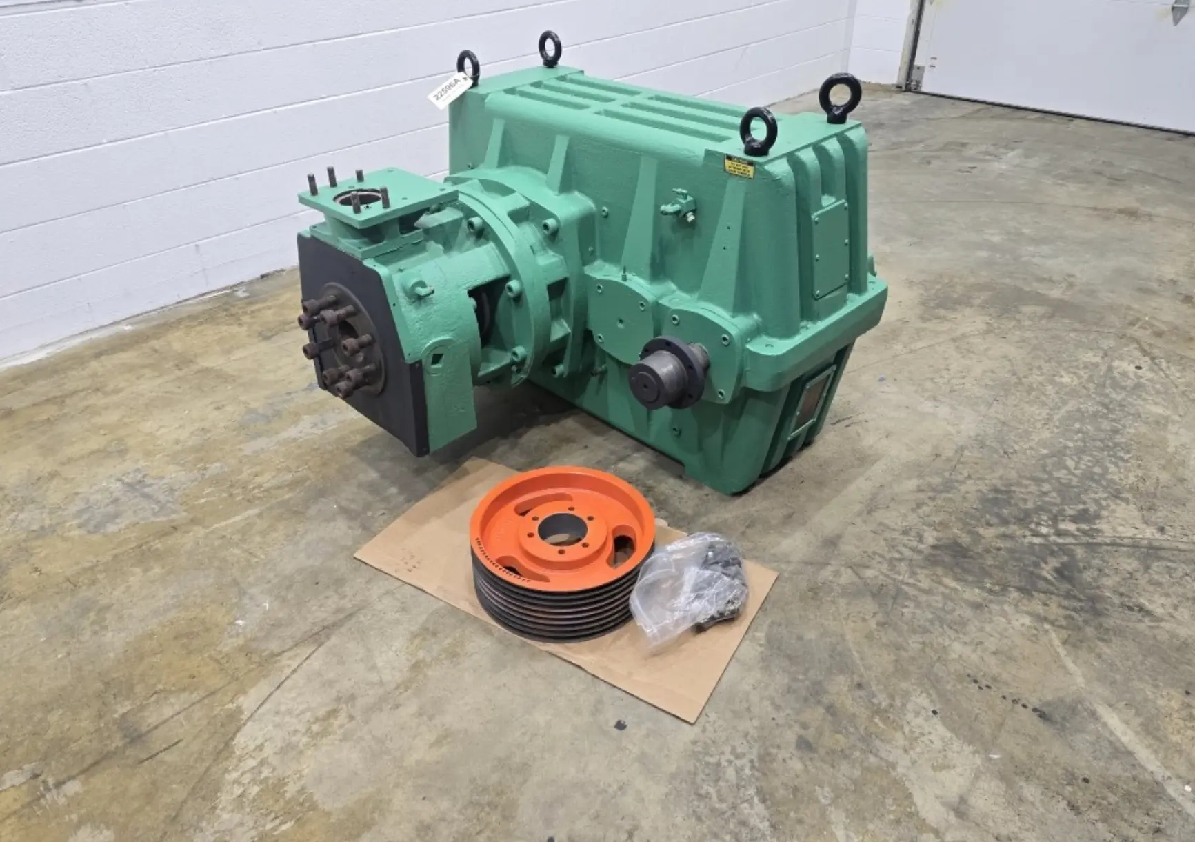 Fully remanufactured and repainted industrial gearbox with new sheave and hardware