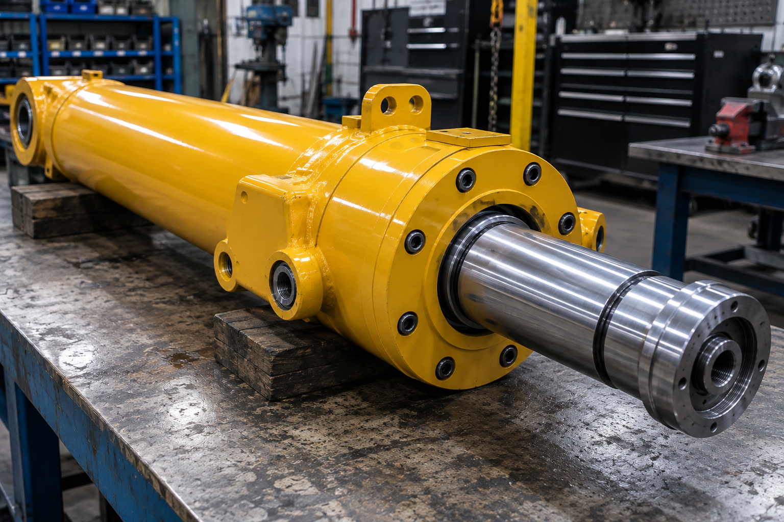 Rebuilt and repainted hydraulic cylinder with polished chrome rod after service