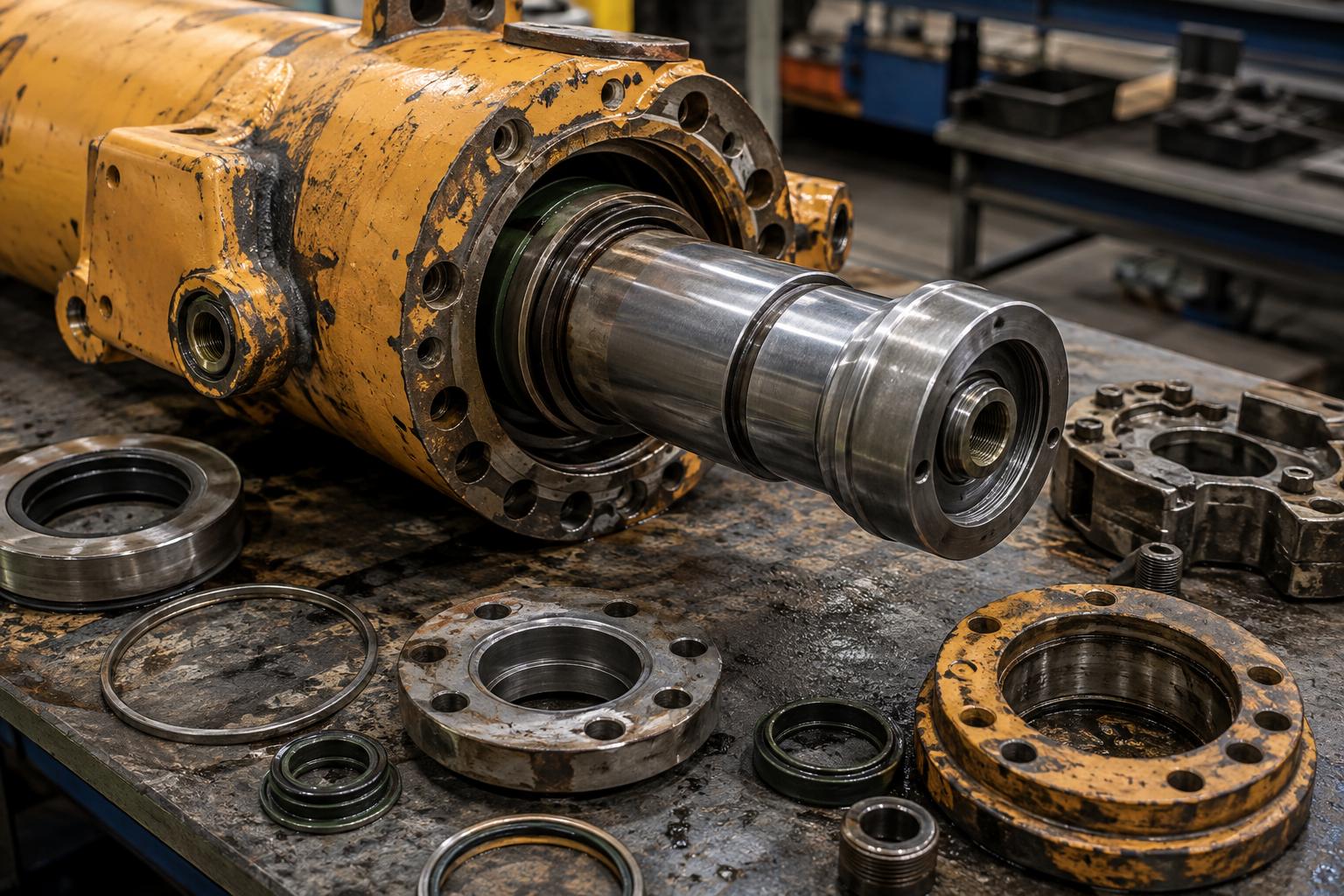 Disassembled hydraulic cylinder with seals, glands, and machined rod on a workshop bench